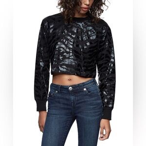 True Religion Women’s Black Zebra Print Long Sleeve Crop Tee Top Sz XXS